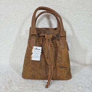 Tooled Honey Brown Floral Leather Drawstring Bucket Bag